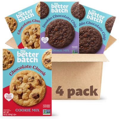 My Better Batch, Chocolate Chip and Double Chocolate Cookie Mix Variety Pack, Simple Cookie Recipe, Chocolate Cookies, Makes 64 Large Cookies, Non GMO, Kosher, 16oz (Pack of 4)