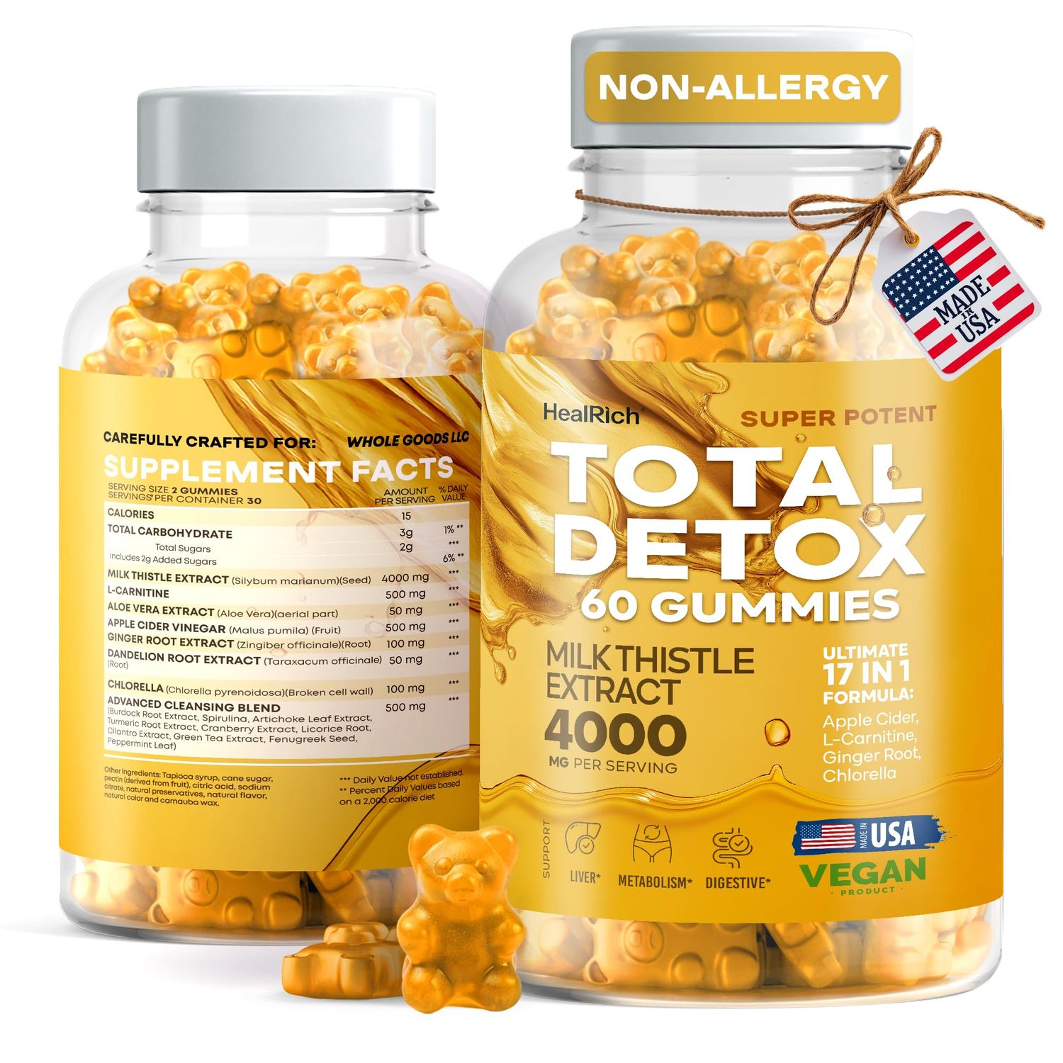 Total Detox Gummies - 4000MG Milk Thistle Extract w L-Carnitine, Apple Cider Vinegar Ginger Root - Supplement for Liver Cleanse, Support Repair - Vegan Supplements for Kids Adults - Made in USA