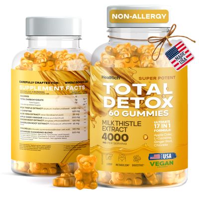 Total Detox Gummies - 4000MG Milk Thistle Extract w L-Carnitine, Apple Cider Vinegar Ginger Root - Supplement for Liver Cleanse, Support Repair - Vegan Supplements for Kids Adults - Made in USA