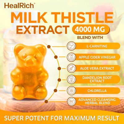 Total Detox Gummies - 4000MG Milk Thistle Extract w L-Carnitine, Apple Cider Vinegar Ginger Root - Supplement for Liver Cleanse, Support Repair - Vegan Supplements for Kids Adults - Made in USA