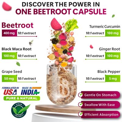 Herbpy 6in1 Beet Root Capsules with Maca Root, Grape Seed, Ginger, Turmeric and Black Pepper for Heart Health Immune Support - 100 Vegan Capsules