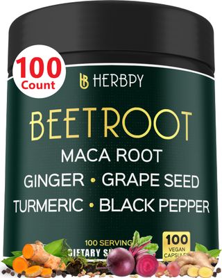 Herbpy 6in1 Beet Root Capsules with Maca Root, Grape Seed, Ginger, Turmeric and Black Pepper for Heart Health Immune Support - 100 Vegan Capsules