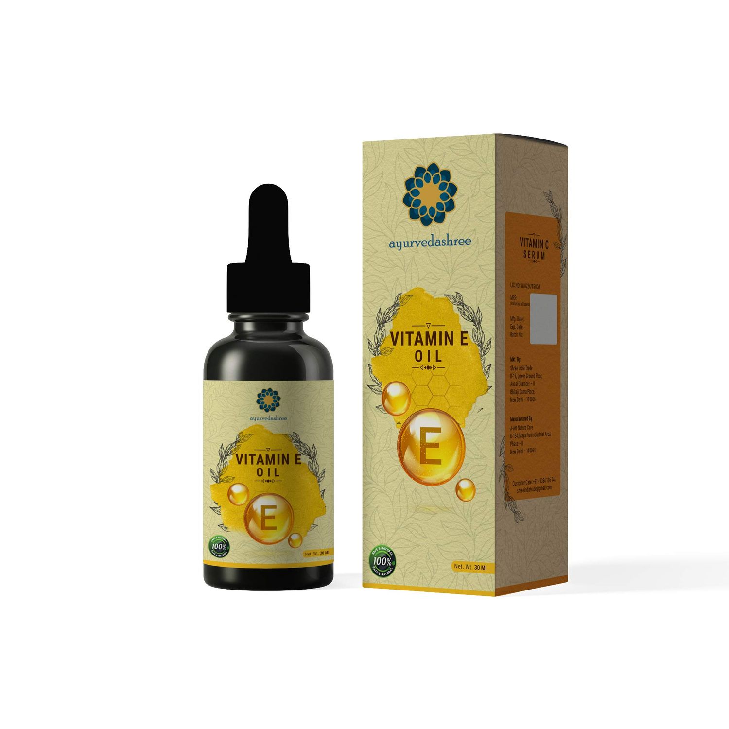 AYURVEDASHREE Vitamin E Oil for Skin and Body 30 ML with Almond Oil, Argan Oil Grape Seed Oil - Best way to Treat Dry Skin, Scars and Smooth Hairs