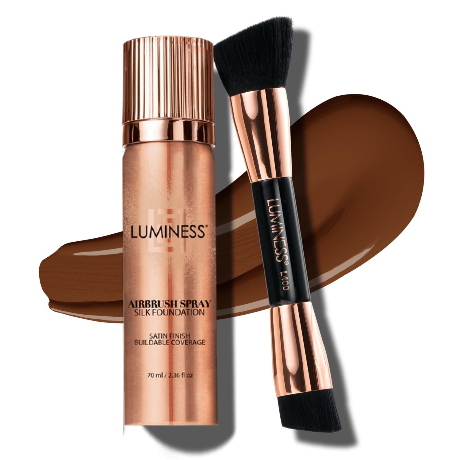 LUMINESS Silk Airbrush Spray Foundation Buffing Brush Kit - Full Coverage Foundation Dual-Sided Buffing Brush - Buildable Coverage, Anti-Aging Formula Hydrates Moisturizes (Shade - Deep Dark)