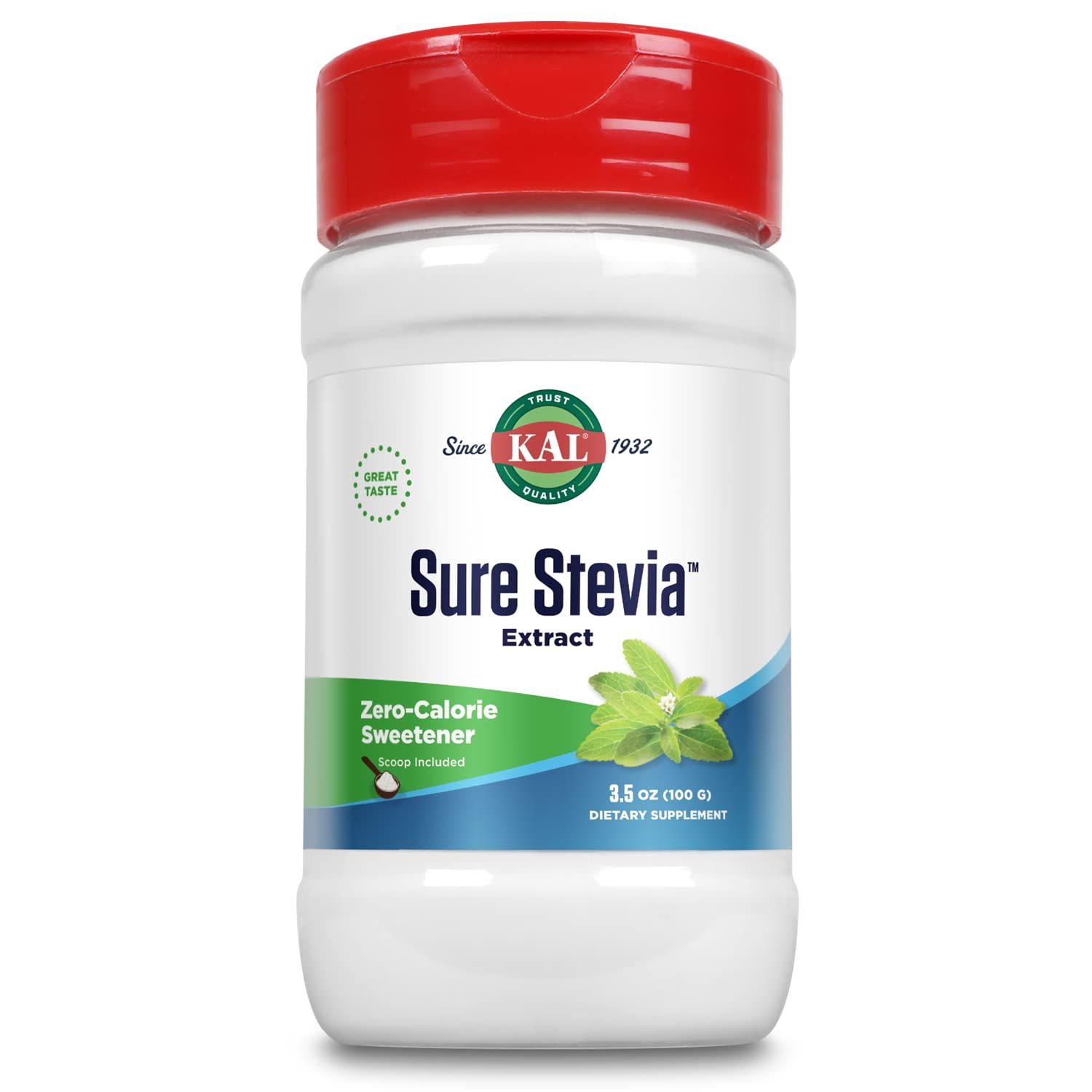 KAL Sure Stevia Extract Powder, Low Carb, Plant Based Stevia Sweetener, Great Taste, Zero Calories, Zero Sugar, Low Glycemic Perfect for a Keto Diet, 60-Day Guarantee, Approx. 1820 Servings, 3.5oz