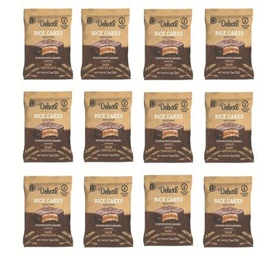 Deluxe Bla Bla 12 Pack Stuffed Rice Cake Whole Grain, Natural Healthy Snack Gluten Free, Kosher Certificate Low Calorie 28 Gr (Caramel Dark Chocolate)