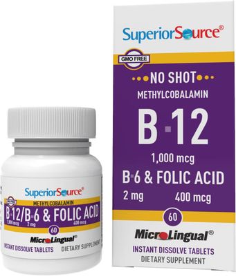 Superior Source No Shot Vitamin B-12 Methylcobalamin 1000 mcg, B-6 Folic Acid 400 mcg - Supports Brain Heart Health - Aids Natural Energy Levels - 60 Sublingual Dissolving Tablets