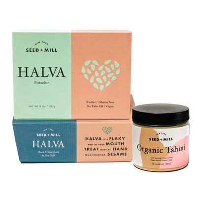 Seed Mill - Tahini Sauce - Halva Dessert Tahini Sampler (Sea Salt Dark Chocolate Halva Candy, Pistachio Halva Candy, Organic Tahini) - Vegan, Kosher, Gluten Free in a Beautiful Boxed Gift Set