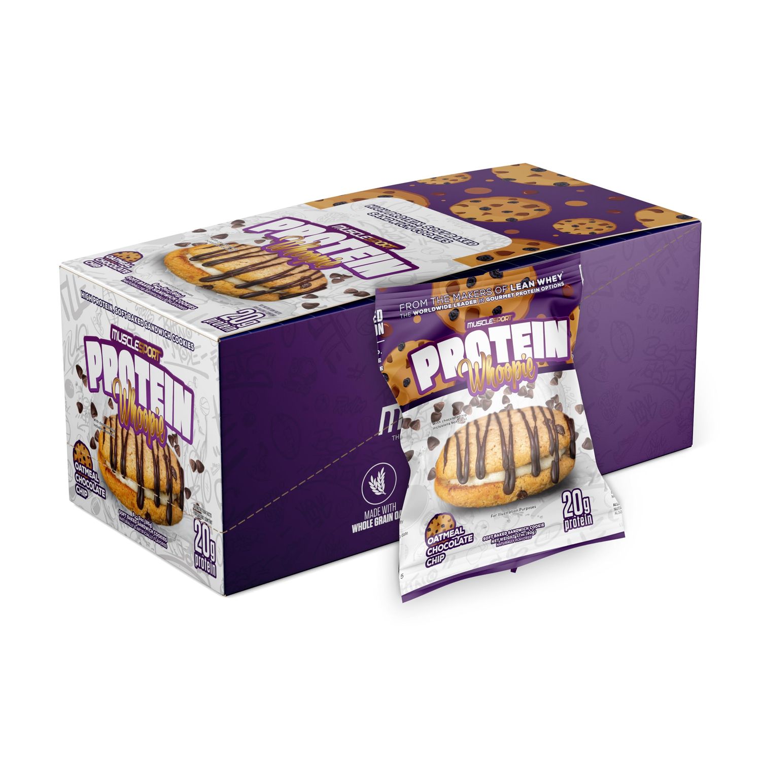Musclesport Protein Whoopies - High Protein Whoopie Pie Style Cookies with Protein from Whey and Collagen, Good Source of Fiber (6 Pack Box, Oatmeal Chocolate Chip)