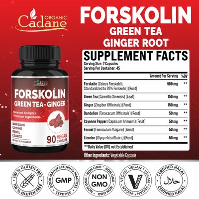 Organic Cadane Forskolin Supplement with Green Tea, Ginger, Dandelion, Cayenne, Fennel, and Licorice Body Management Energy Support Vegan, Non-GMO - 90 Capsules - 45-Day Supply