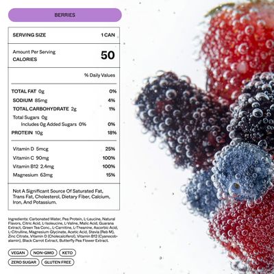 VUUM Sparkling Clear Protein Drink - 10g Plant Protein, Natural Pre Workout Energy Drink, Plant Based, Natural Caffeine, Sugar-Free Protein Drink - Berries, 12 Fl Oz (12 Pack)