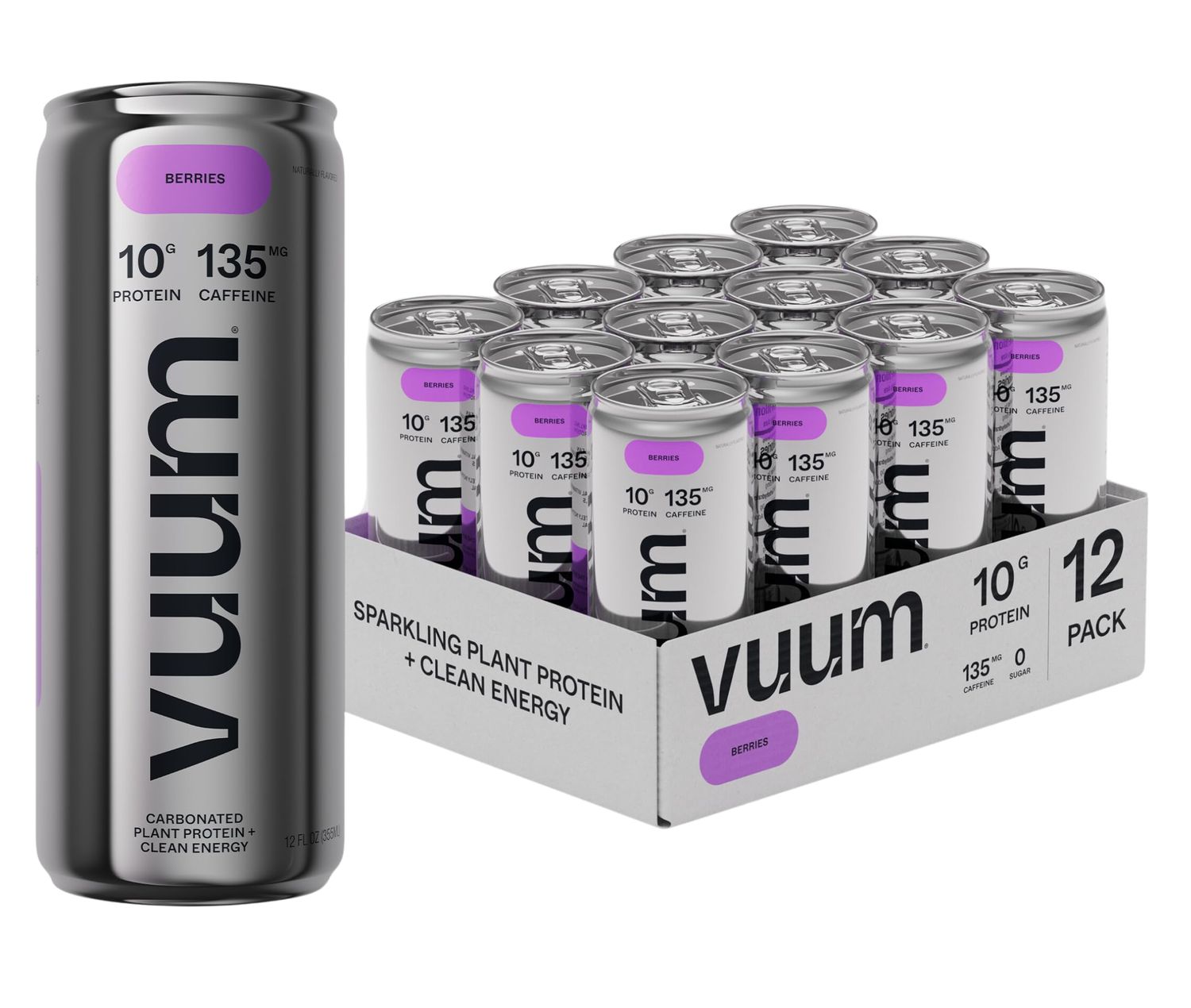 VUUM Sparkling Clear Protein Drink - 10g Plant Protein, Natural Pre Workout Energy Drink, Plant Based, Natural Caffeine, Sugar-Free Protein Drink - Berries, 12 Fl Oz (12 Pack)