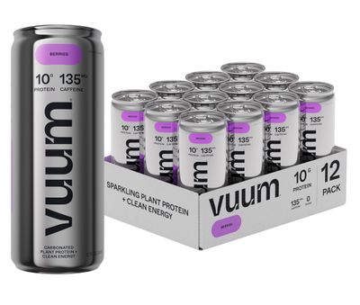 VUUM Sparkling Clear Protein Drink - 10g Plant Protein, Natural Pre Workout Energy Drink, Plant Based, Natural Caffeine, Sugar-Free Protein Drink - Berries, 12 Fl Oz (12 Pack)