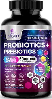 Daily Probiotics 60 Billion CFU 10 Strains Supplement Lactobacillus Prebiotics For Women Men - Digestive Gut Immune Health Support - Supports Occasional Constipation, Gas Bloating - 120 Capsules