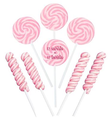 Pink Candy - 18g Swirl And 12g Twisty Lollipops - 24 Suckers Individually Wrapped - Candy Buffet