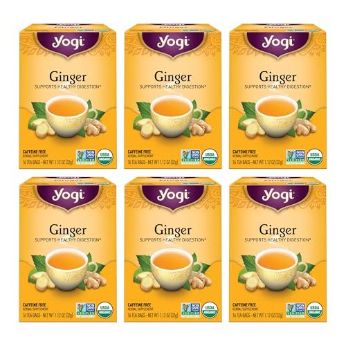 Yogi Tea - Ginger Tea (6 Pack) - Supports Healthy Digestion - Soothing and Spicy Blend - Caffeine Free - 96 Organic Herbal Tea Bags