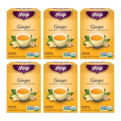 Yogi Tea - Ginger Tea (6 Pack) - Supports Healthy Digestion - Soothing and Spicy Blend - Caffeine Free - 96 Organic Herbal Tea Bags