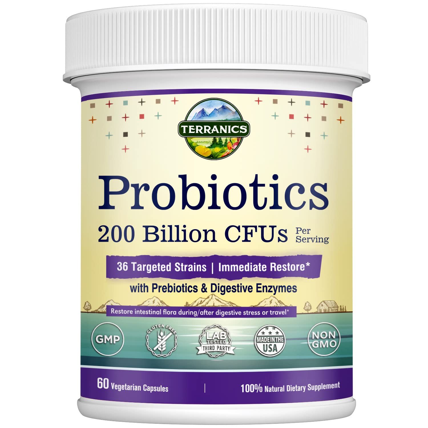 Terranics Daily Probiotics for Men Women, 200 Billion 36 Strains Immediate Restore Probiotics, with Prebiotics Enzymes, Healthy Regularity, Delayed Release, Shelf Stable, 60 Veggie Caps