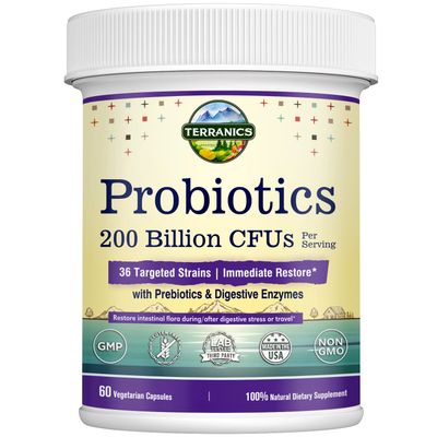 Terranics Daily Probiotics for Men Women, 200 Billion 36 Strains Immediate Restore Probiotics, with Prebiotics Enzymes, Healthy Regularity, Delayed Release, Shelf Stable, 60 Veggie Caps