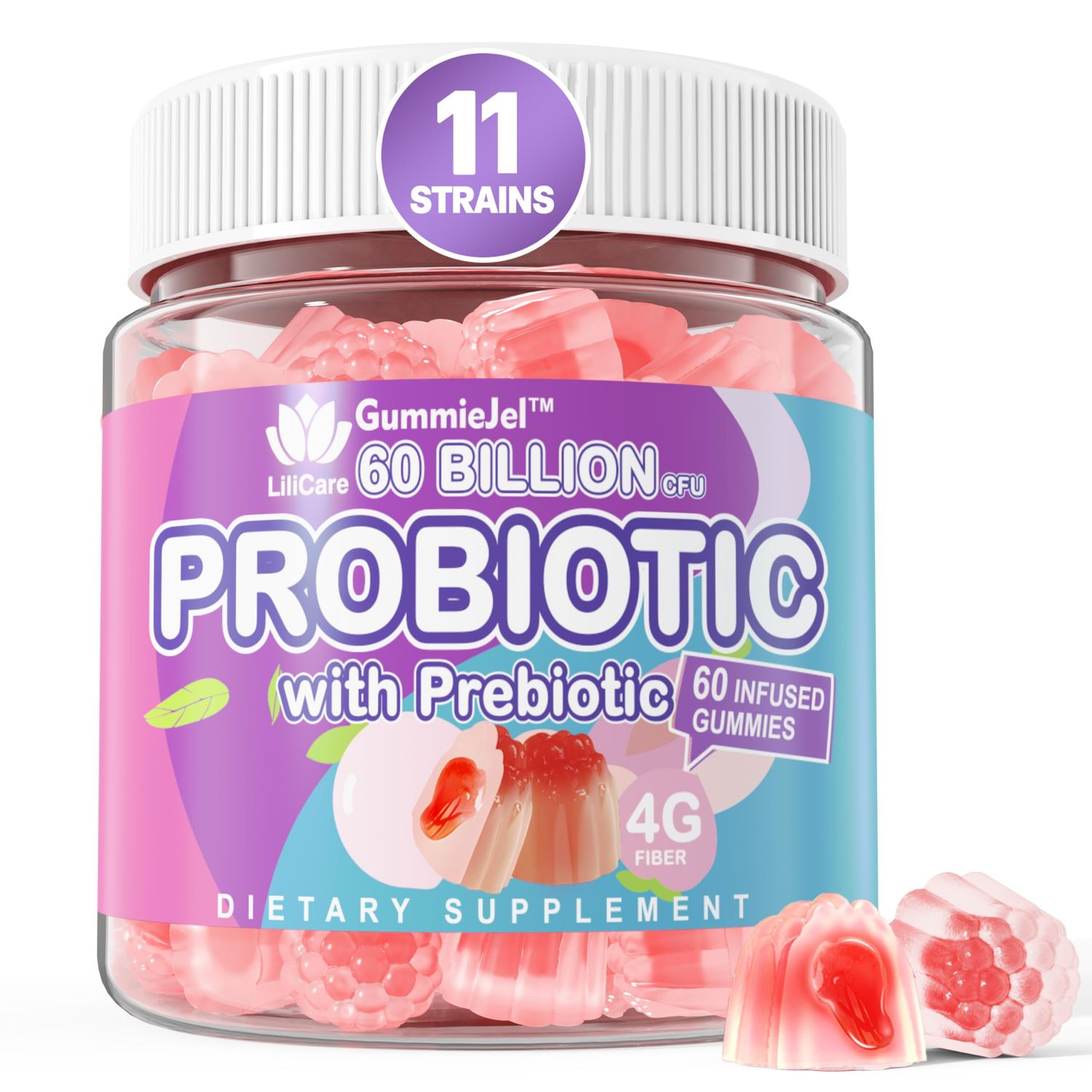 Sugar Free Probiotic Gummies 60 Billion CFU 11 Strains with Prebiotics Fiber, Probiotics Filled Gummies for Women Men Digestive Health, Peach Flavor, Supports Constipation, Diarrhea, Gas Bloating