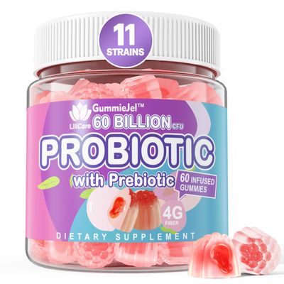 Sugar Free Probiotic Gummies 60 Billion CFU 11 Strains with Prebiotics Fiber, Probiotics Filled Gummies for Women Men Digestive Health, Peach Flavor, Supports Constipation, Diarrhea, Gas Bloating