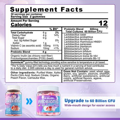 Sugar Free Probiotic Gummies 60 Billion CFU 11 Strains with Prebiotics Fiber, Probiotics Filled Gummies for Women Men Digestive Health, Peach Flavor, Supports Constipation, Diarrhea, Gas Bloating