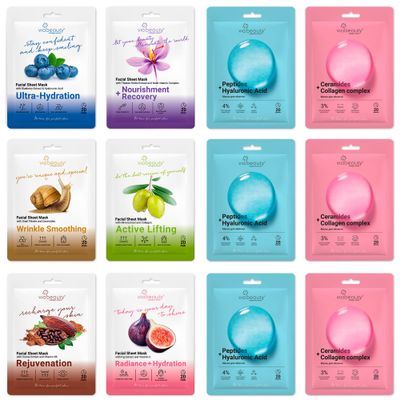 VIABEAUTY 12 Pack of Collagen Face Mask Hyaluronic Acid Facial Mask with Ceramides, Peptides Snail Mucin - Rejuvenating, Deep Hydrating Moisturizing Face Masks Skincare Sheets for All Skin Types