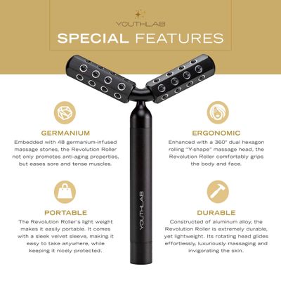 YOUTHLUX Revolution Roller - Germanium Stone Uplifting FaceBody Beauty Massage ToolRollerWand for Skin TighteningFirming, De-Puffing, Anti-Aging (Black)
