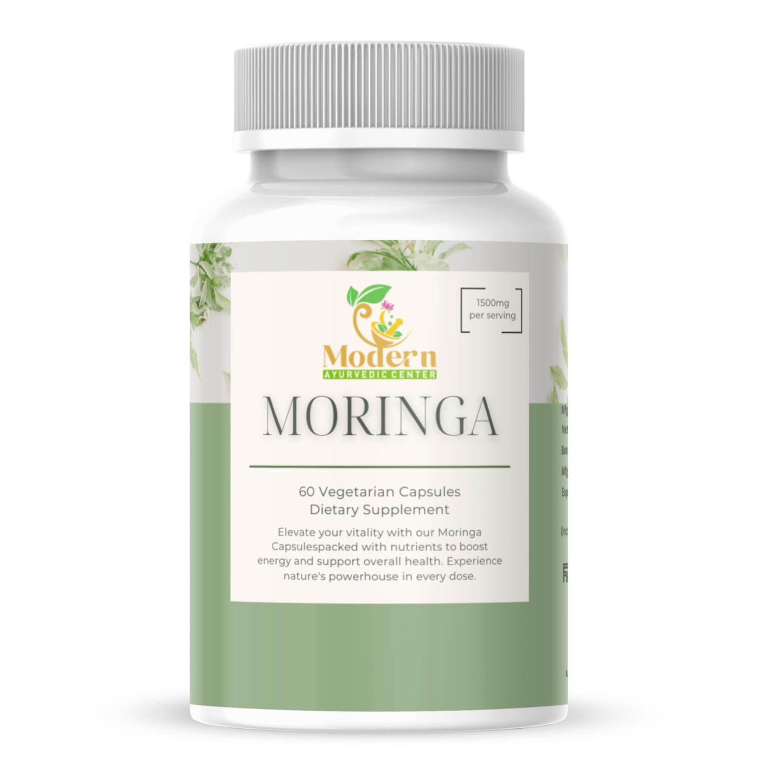 Moringa Capsules - 100 Pure Moringa Oleifera Leaf Powder, Non-GMO, Gluten-Free, 1500mg Per Serving - Green Superfood Supplement for Energy, Metabolism Immune Support (60 Capsules)