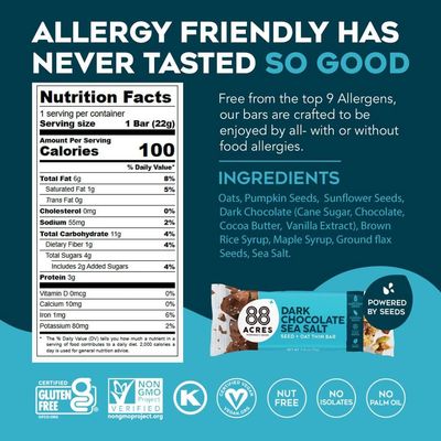 88 Acres Granola Bar Thins Dark Chocolate Sea Salt Gluten Free, Nut-Free Oat and Seed Snack Bar Vegan Non GMO 18 Pack