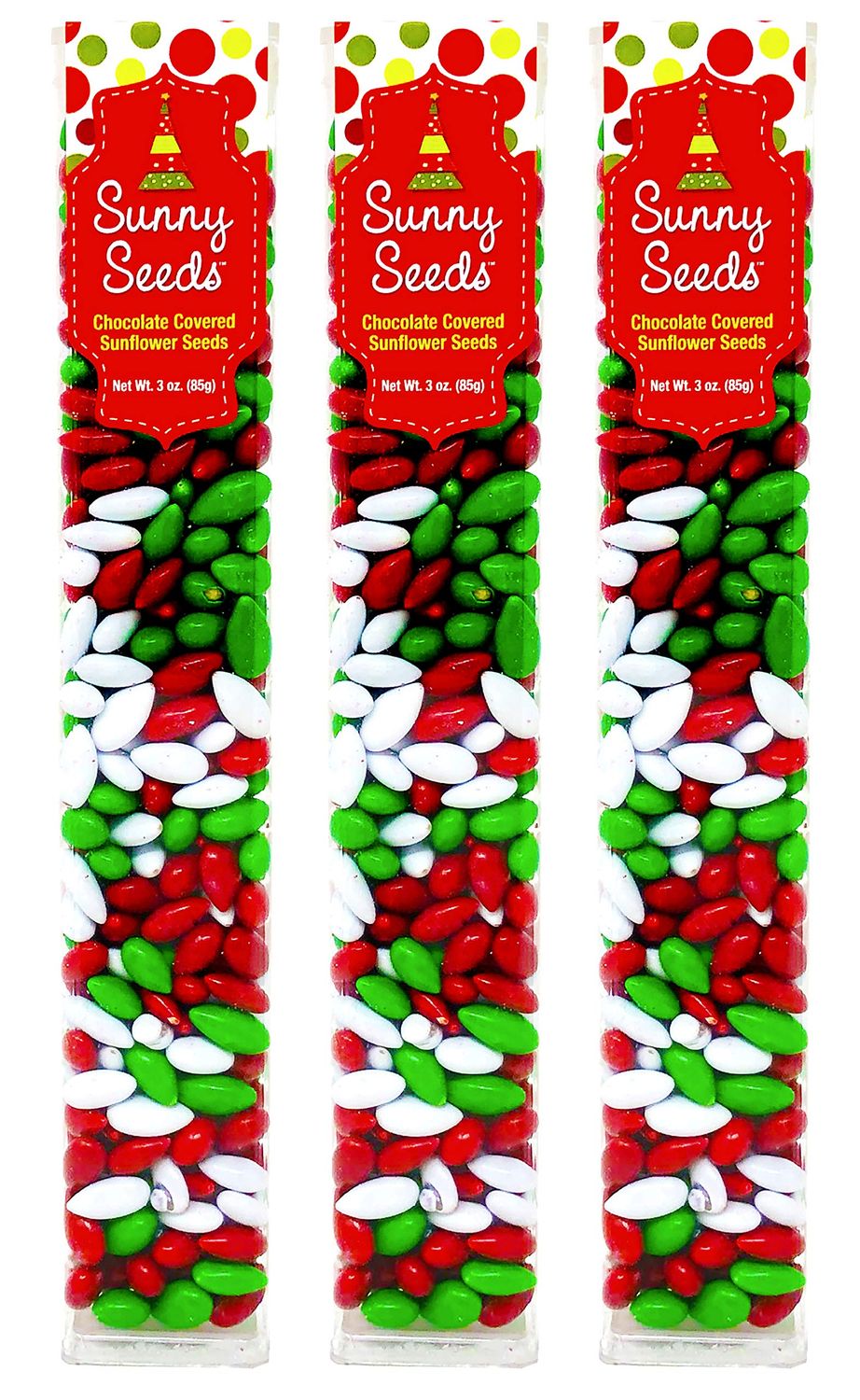 Christmas Sunny Seeds - Candy Coated Chocolate Covered Sunflower Seeds - 3 Ounce Tubes, Pack of 3