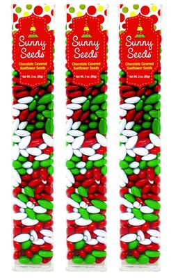 Christmas Sunny Seeds - Candy Coated Chocolate Covered Sunflower Seeds - 3 Ounce Tubes, Pack of 3
