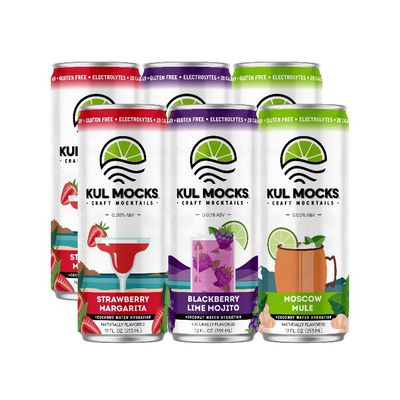 KUL MOCKS Non-Alcoholic Mocktails Includes Strawberry Margarita, Moscow Mule, Blackberry Lime Mojito Alcohol Free Alternative Mocktail Mixers Party Box Variety Pack (6pk)