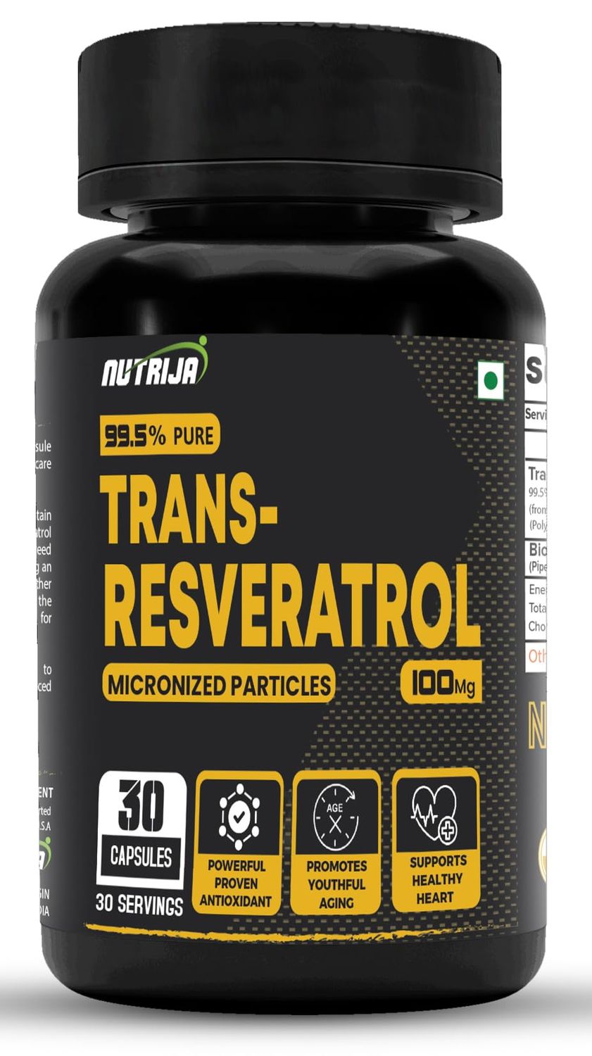 NutriJa Trans Resveratrol 100MG Capsules - 99.5 Pure Micronized and Highly Bioavailable Supplement Slow Down Aging, Proven Powerful Anti-Oxidant Improves Metabolism Heart Health (30 Capsules)