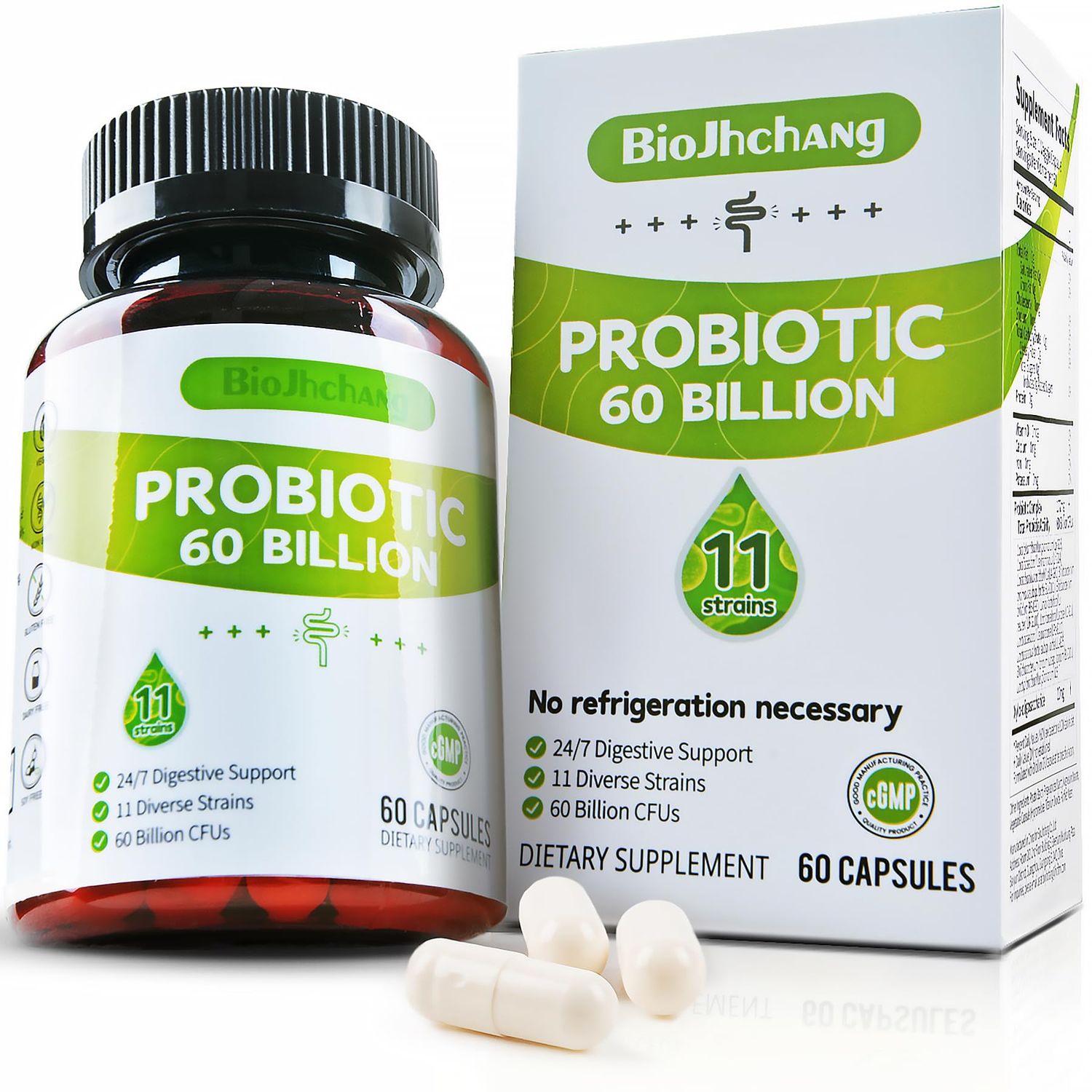 BioJhchang Probiotics 60 Billion CFUs, 11 Diverse Strains Natural Prebiotics for Immune, Digestive and Gut Health Supports Occasional Constipation Diarrhea Gas Bloating for Women Men 60 Count