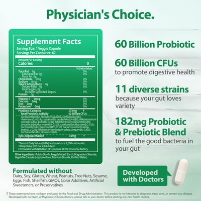 BioJhchang Probiotics 60 Billion CFUs, 11 Diverse Strains Natural Prebiotics for Immune, Digestive and Gut Health Supports Occasional Constipation Diarrhea Gas Bloating for Women Men 60 Count