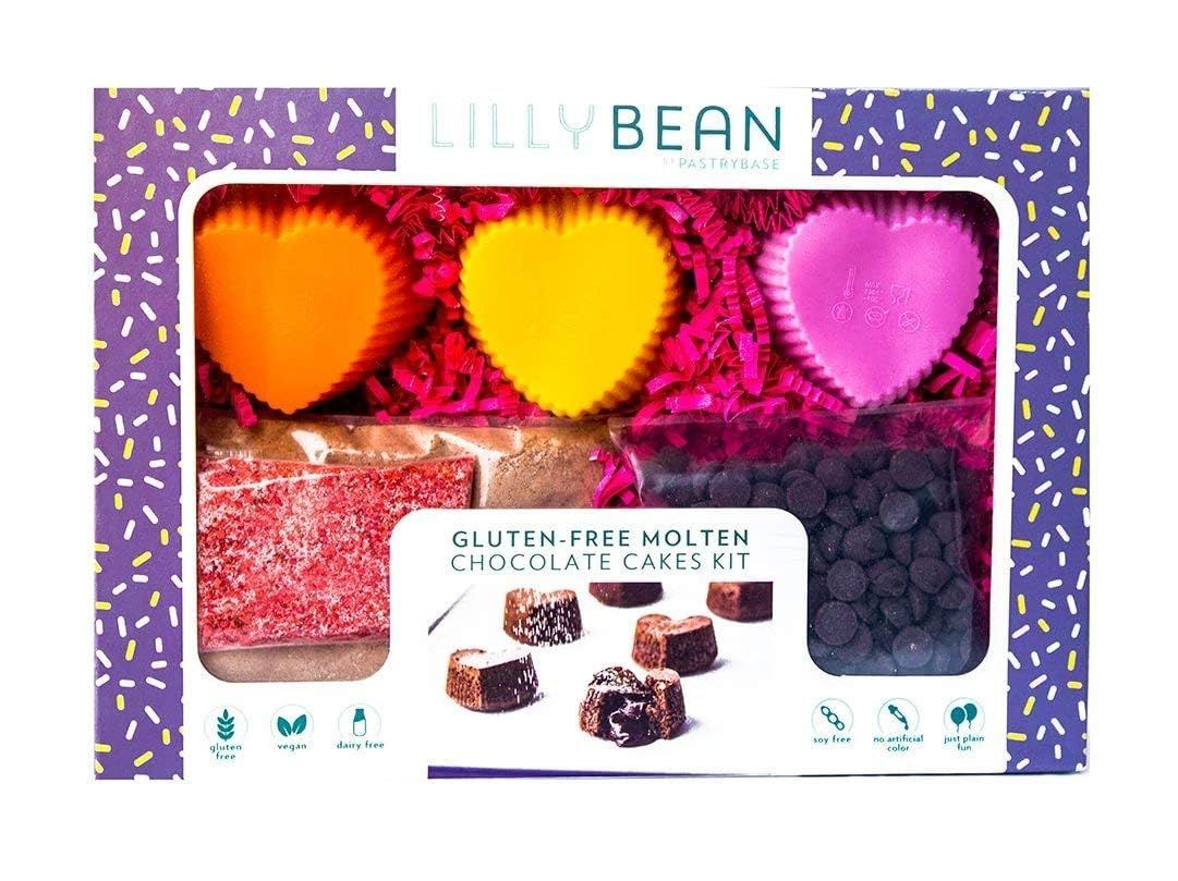 LillyBean Gluten Free Molten Chocolate Cake Baking Kit with No Artificial Colors - Dairy and Soy Free, Vegan - Complete Lava Cake Mix with Heart-Shaped Valentine&#39;s Day Silicone Molds