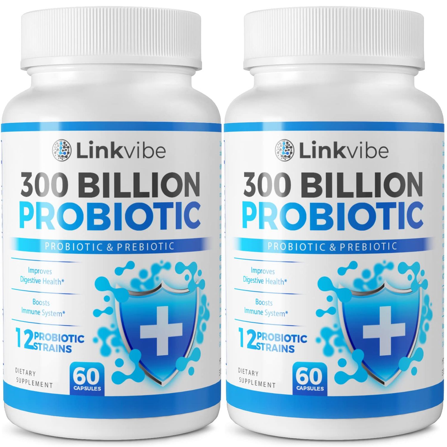 Linkvibe Probiotic 300 Billion CFU - 12 Strains with Organic Prebiotics for Digestive Gut, Immune, Bloating Health - Probiotics for Women and Men - Daily Dairy Free, Shelf Stable - 120 Counts