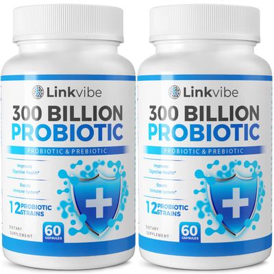 Linkvibe Probiotic 300 Billion CFU - 12 Strains with Organic Prebiotics for Digestive Gut, Immune, Bloating Health - Probiotics for Women and Men - Daily Dairy Free, Shelf Stable - 120 Counts