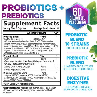 Daily Probiotics 60 Billion CFU 10 Strains Supplement Lactobacillus Prebiotics For Women Men - Digestive Gut Immune Health Support - Supports Occasional Constipation, Gas Bloating - 120 Capsules