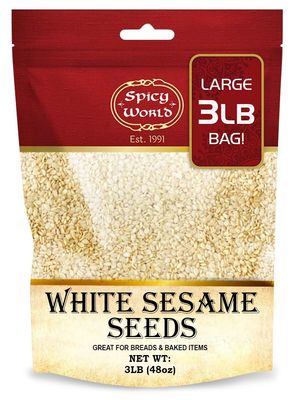 Spicy World White Sesame Seeds 3 LB Bag - Natural, Raw, Hulled, Non-GMO, Bulk Resealable Bag