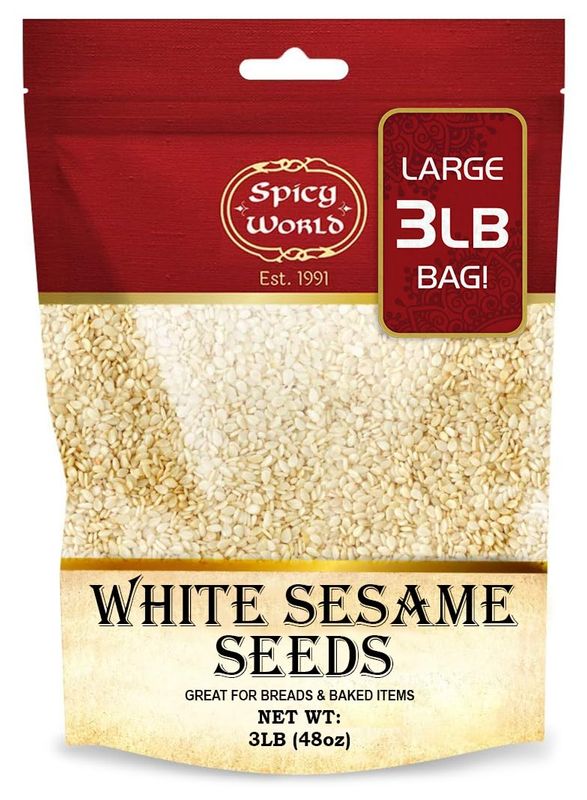 Spicy World White Sesame Seeds 3 LB Bag - Natural, Raw, Hulled, Non-GMO, Bulk Resealable Bag
