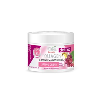 Skin Care Detox Day and Night Face Cream Anti-Aging Moisturiser with Collagen, Hyaluronic Acid, L-Arginine, Grapeseed Oil, and a UVAUVB Filter for Ages 50-65, 50 ml