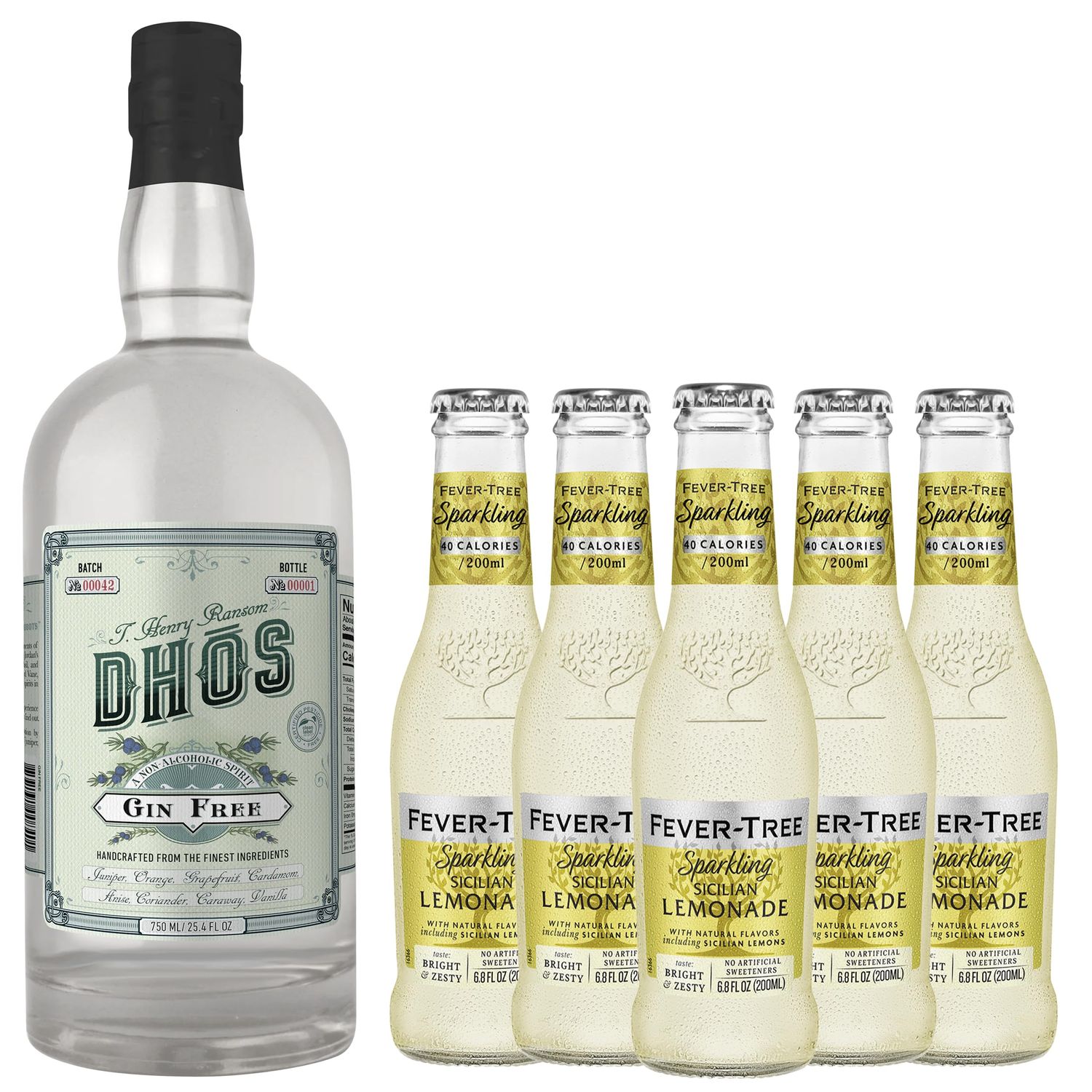 Dhos Handcrafted Non-Alcoholic Gin w 5 Pack Fever Tree Sparkling Sicilian Lemonade - Keto-Friendly, Zero Sugar, Zero Calories, Zero Proof - 750 ML - Perfect for Mocktails - Made in USA