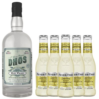 Dhos Handcrafted Non-Alcoholic Gin w 5 Pack Fever Tree Sparkling Sicilian Lemonade - Keto-Friendly, Zero Sugar, Zero Calories, Zero Proof - 750 ML - Perfect for Mocktails - Made in USA