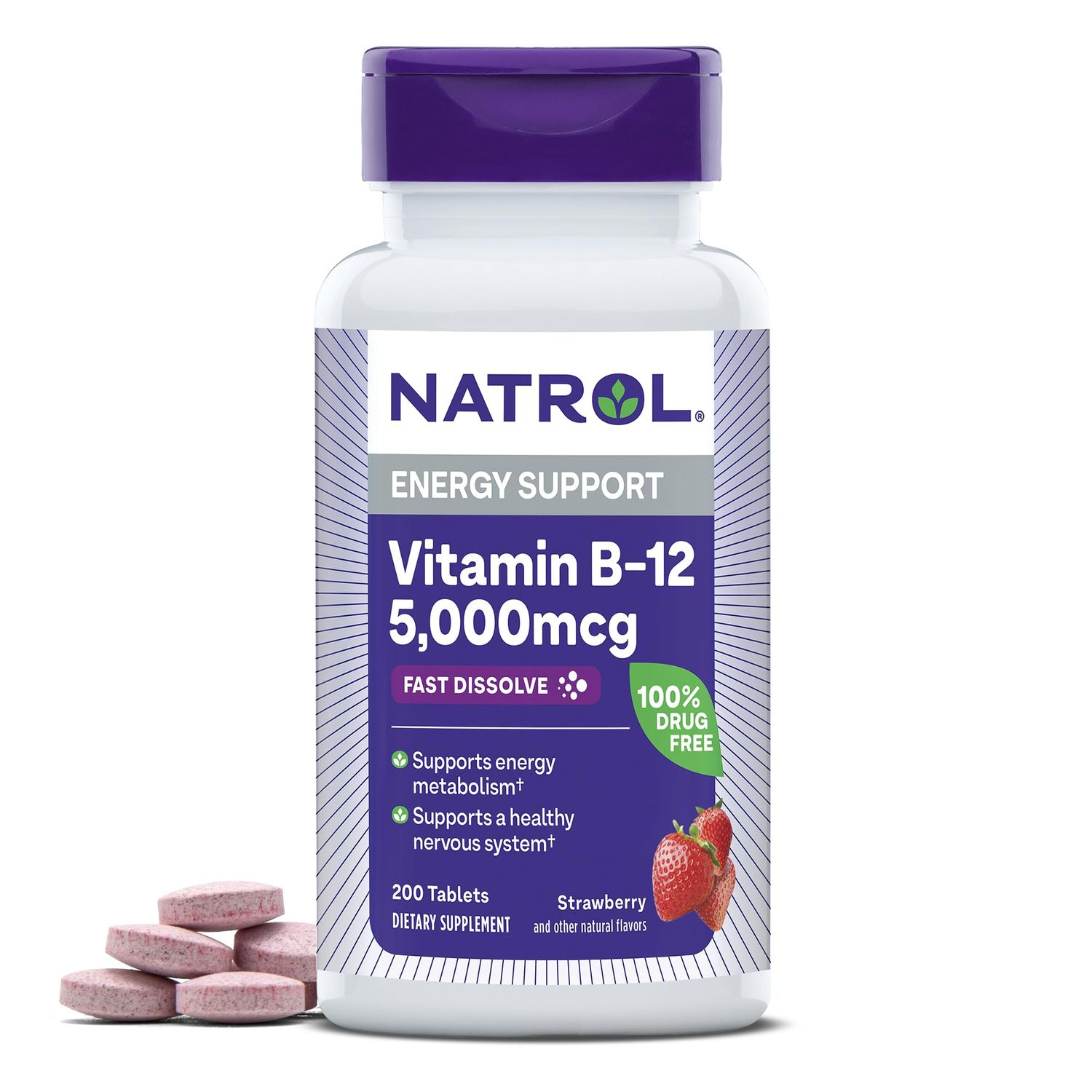 Natrol Vitamin B12 5,000 mcg, Fast Dissolve Vitamin B12 Supplement Supports a Healthy Nervous System and Energy Metabolism, 200 Tablets, Up to a 200 Day Supply