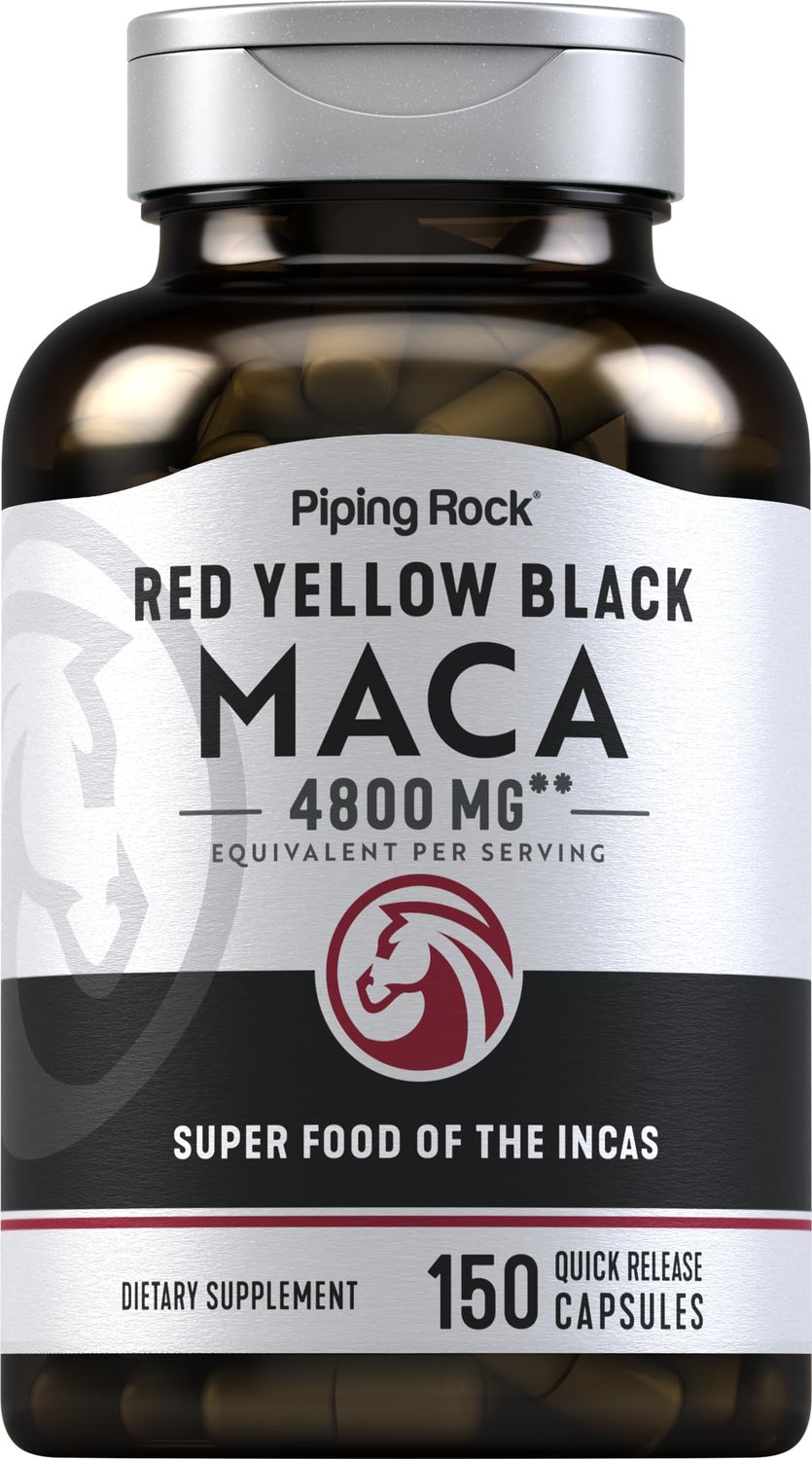 Piping Rock Maca Root Capsules 4800mg 150 Powder Pills for Women and Men Red, Yellow, and Black Non-GMO, Gluten Free Supplement