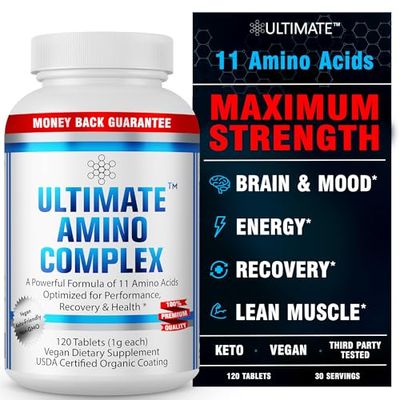 Ultimate Amino Acid Complex Supplement - 120 Easy-to-Swallow, Flavorless 1g Tablets - All 9 EAA Plus Cystine Tyrosine - 2:1:1 BCAA Ratio - Increase Energy, Lean Muscle Recovery - Vegan Non-GMO