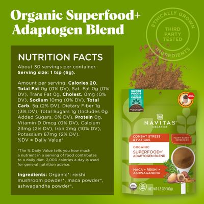 Navitas Organics Superfood Adaptogen Blend for Stress Support (Maca Reishi Ashwagandha), 6.3oz Bag, 30 Servings - Organic, Non-GMO, Vegan, Gluten-Free, Keto Paleo.