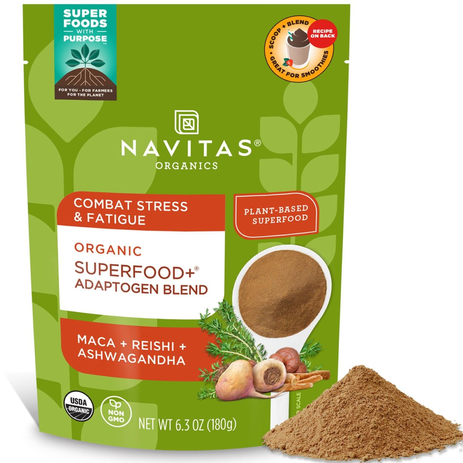 Navitas Organics Superfood Adaptogen Blend for Stress Support (Maca Reishi Ashwagandha), 6.3oz Bag, 30 Servings - Organic, Non-GMO, Vegan, Gluten-Free, Keto Paleo.